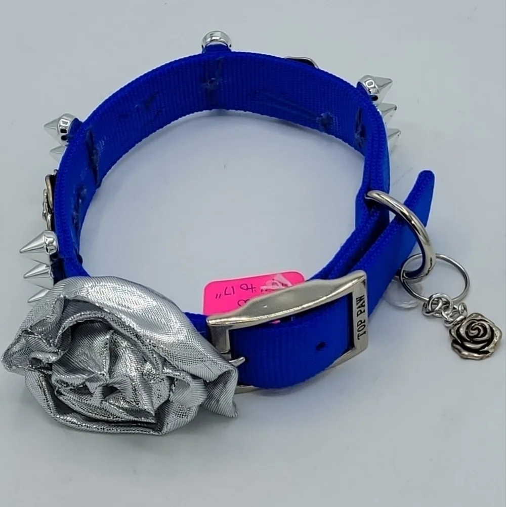 Top Paw Customized Dog Collar TALK TO THE PAW Blue Silver Flower Bling S…